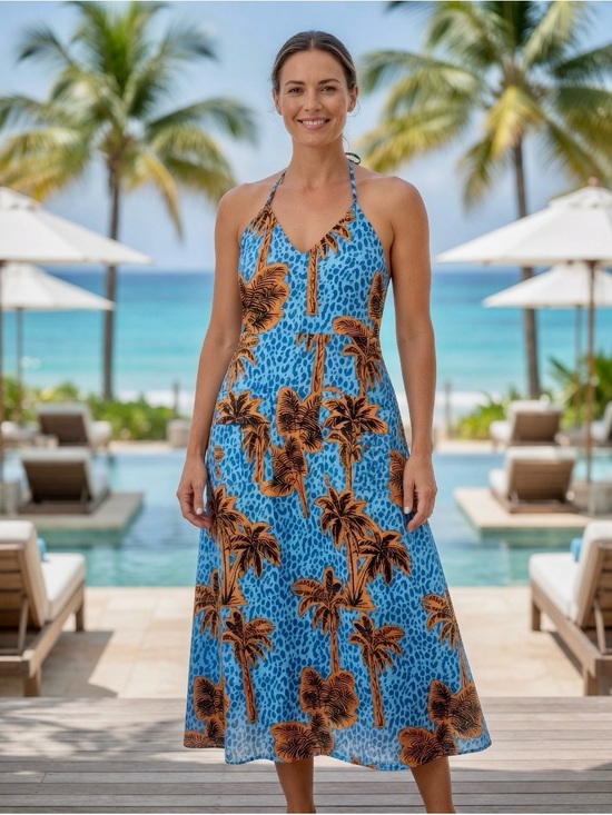 True Destinations Dresses & Skirts - True Destinations Halter Maxi Dress Medium Resort Tropical Cotton Vacation Beads